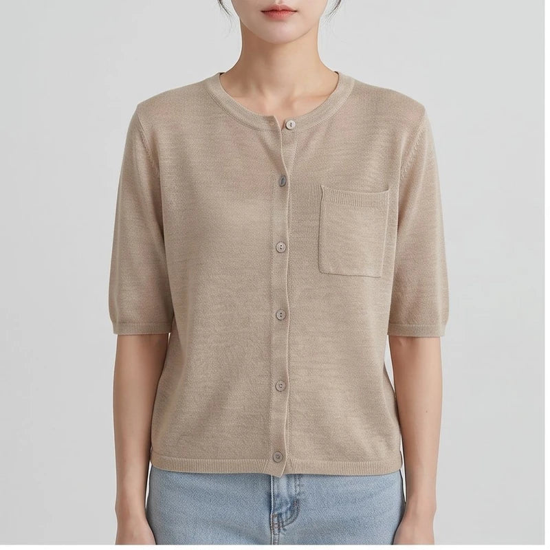 Model wearing Khaki cardigan in a studio