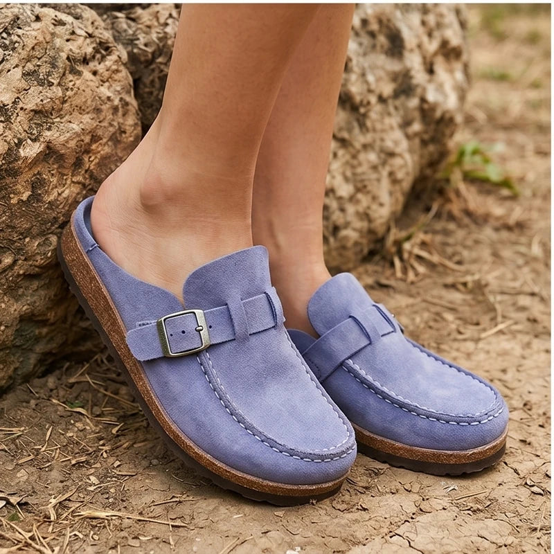 Model wearing Purple 2026 New Women's Shoes Slip on Female Flats Durable Belt Buckles Mules Fashion Wear Resistant Women Half Slippers Retro Zapatos outdoors - 3