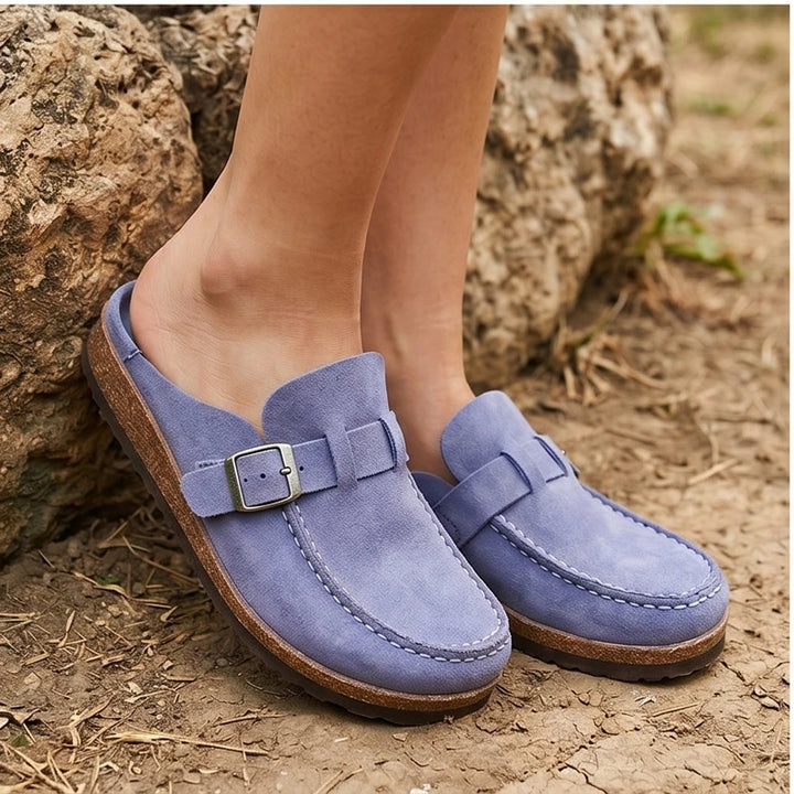 Model wearing Purple 2026 New Women's Shoes Slip on Female Flats Durable Belt Buckles Mules Fashion Wear Resistant Women Half Slippers Retro Zapatos outdoors - 3