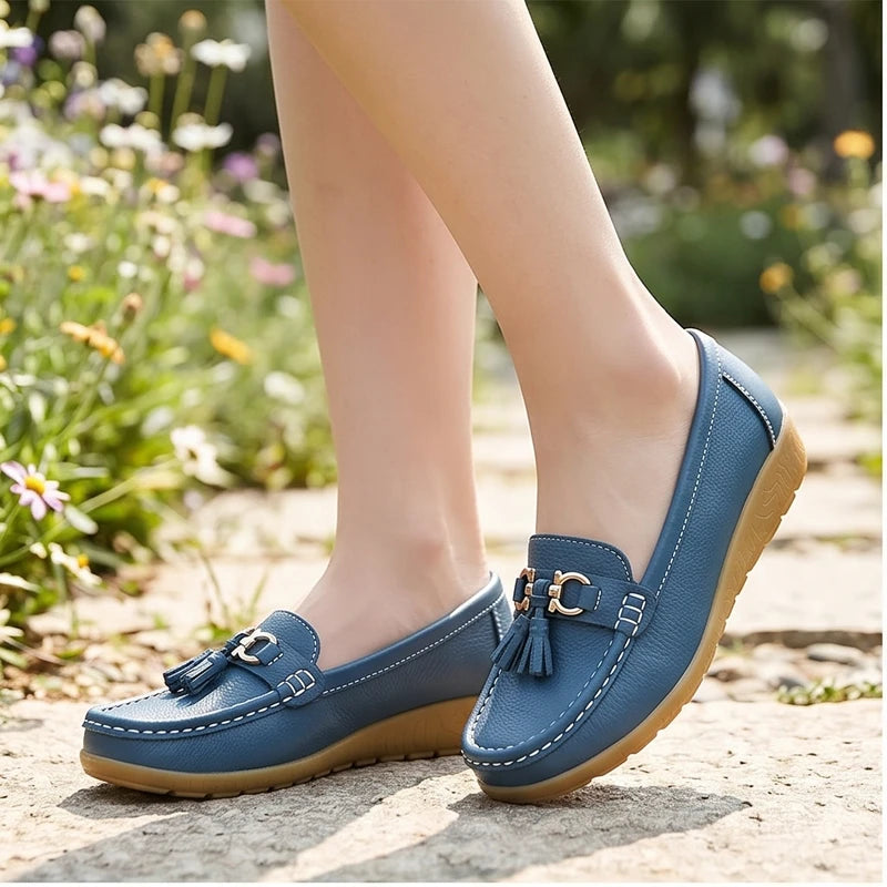Model wearing Blue01 Shoes for Women Casual White Slip On Loafers Sneakers Woman Soft Low Heels Sports Tennis Woman Casual Sneaker Female Footwear outdoors