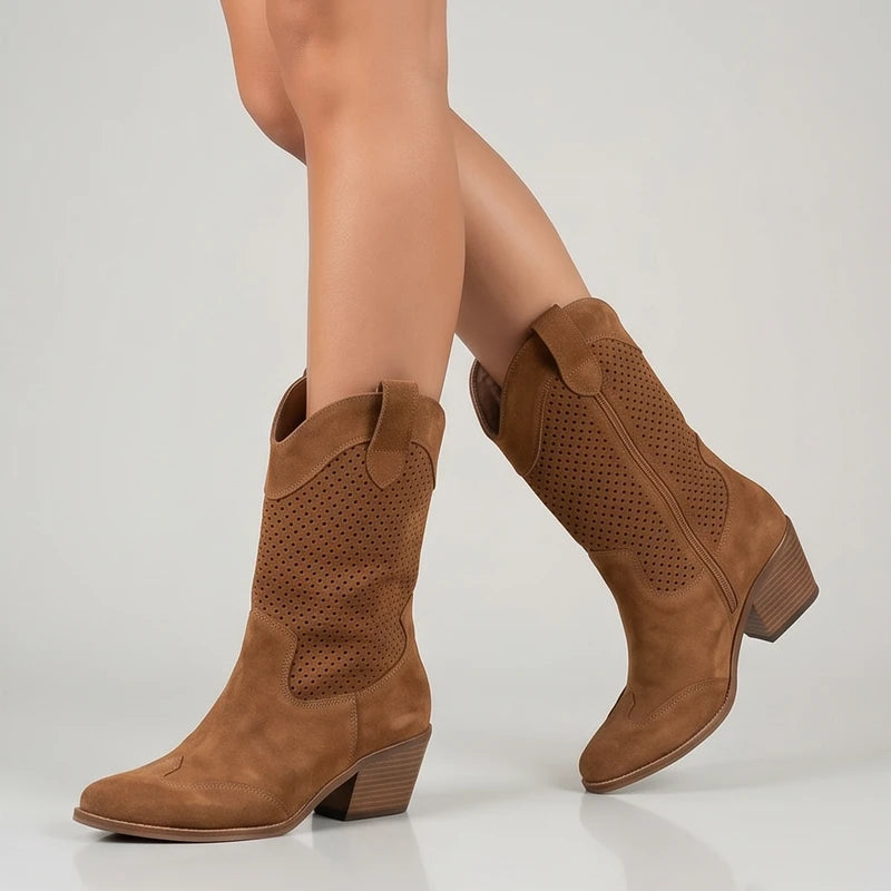 Model wearing Brown Gideon Suede Western Ankle Boots in studio - 2