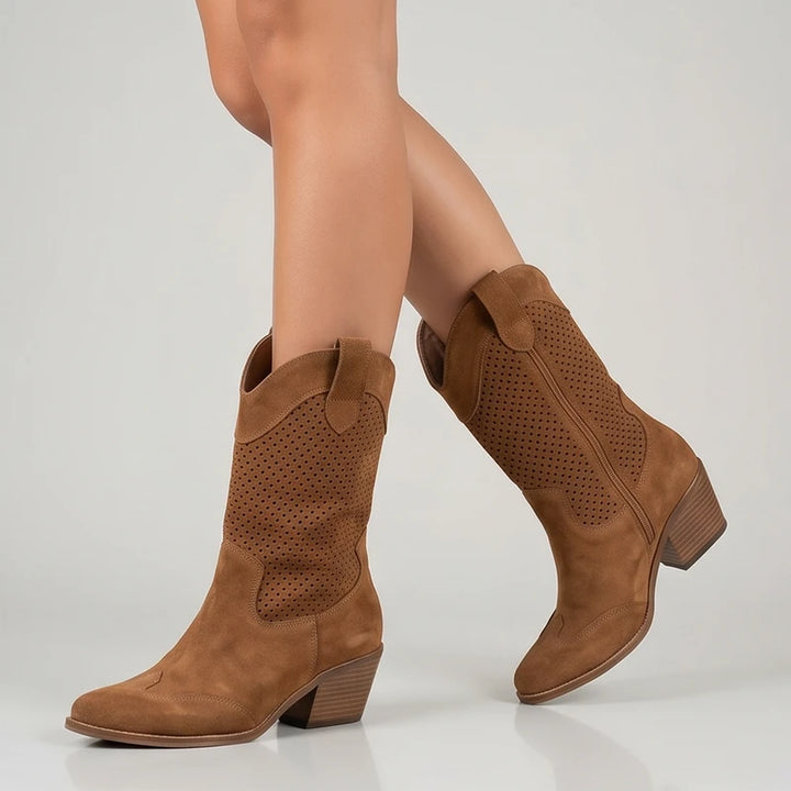 Model wearing Brown Gideon Suede Western Ankle Boots in studio - 2