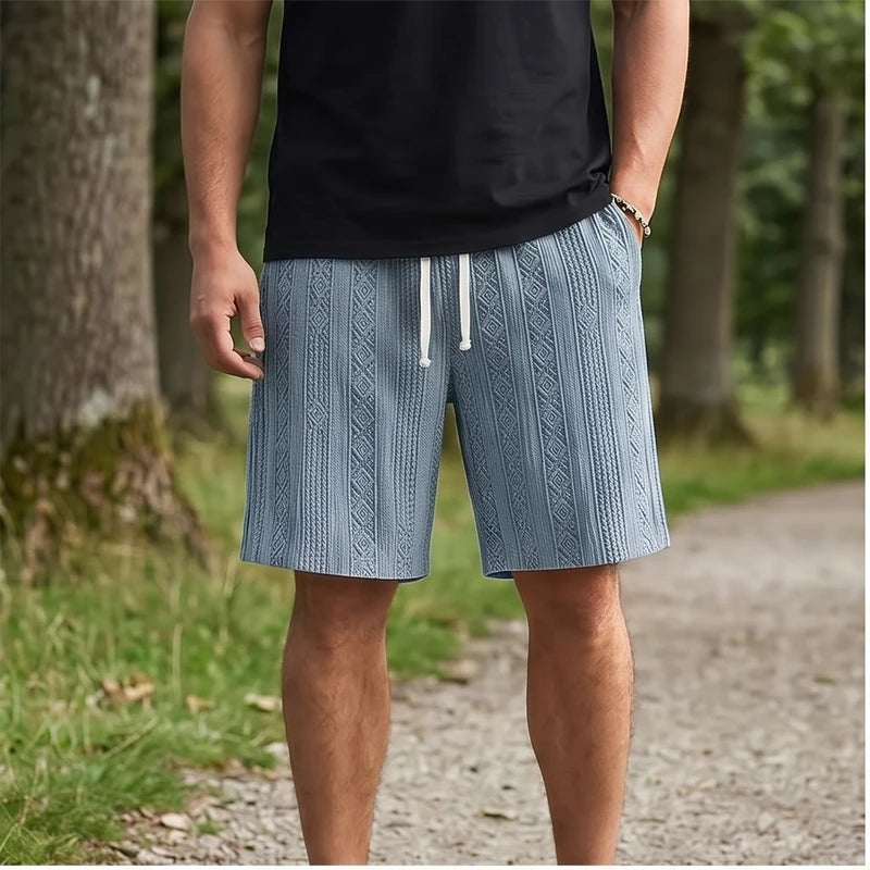 Model wearing Blue 2026 New Men's Daily Jacquard Textured Fashion Casual Shorts outdoors