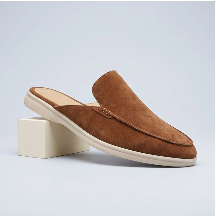 Camel suede mules in a studio background - 3