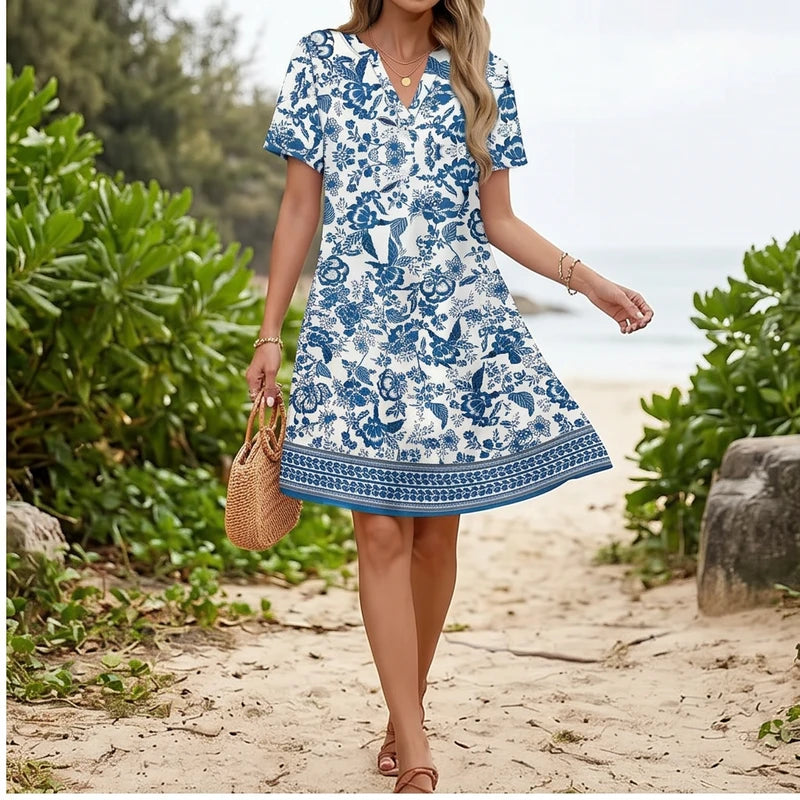 Model wearing C Women's Dress New Summer Casual V-Neck Wedding Loose Dress Short Sleeve Fashion Beach Vacation Wear dress outdoors - 2
