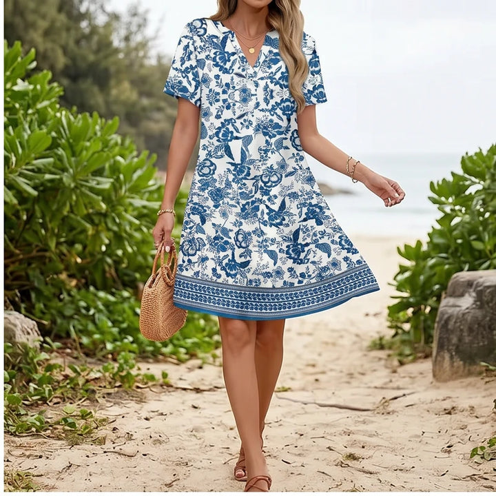 Model wearing C Women's Dress New Summer Casual V-Neck Wedding Loose Dress Short Sleeve Fashion Beach Vacation Wear dress outdoors - 2