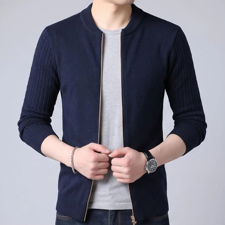 Model wearing Navy Blue knit cardigan in a studio