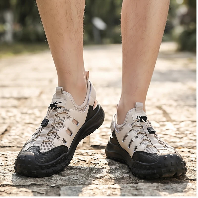 Model wearing Beige 2026Men Beach Breathable Sandals Designer Brand Mesh Hollow-out Casual Shoes Outdoor Lightweight Non Slip Reman Sneakers for Men outdoors