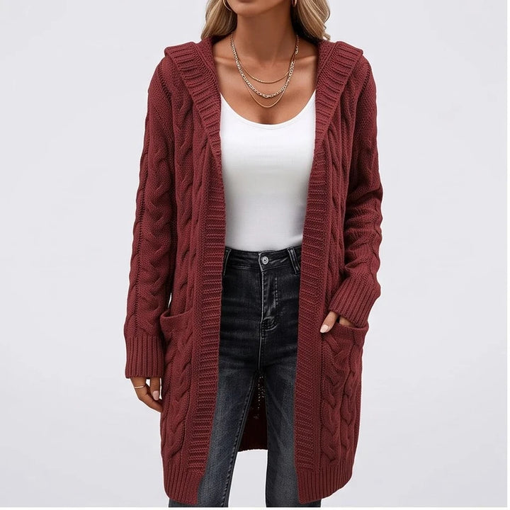 Model wearing D cardigan in a studio