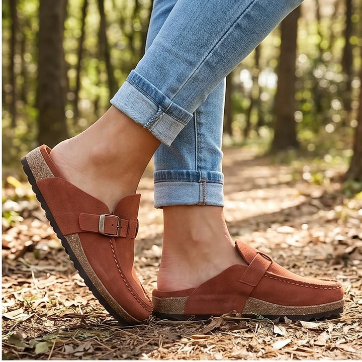 Model wearing Orange 2026 New Women's Shoes Slip on Female Flats Durable Belt Buckles Mules Fashion Wear Resistant Women Half Slippers Retro Zapatos outdoors - 2
