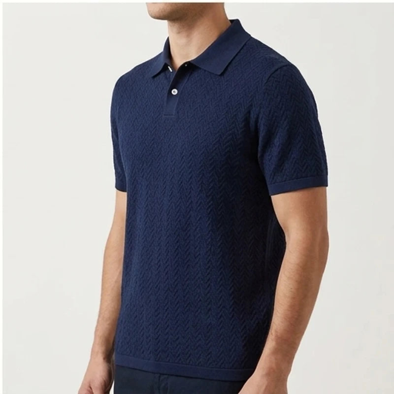 Model wearing Navy Ashby Textured Knit Polo Shirt in studio - 2