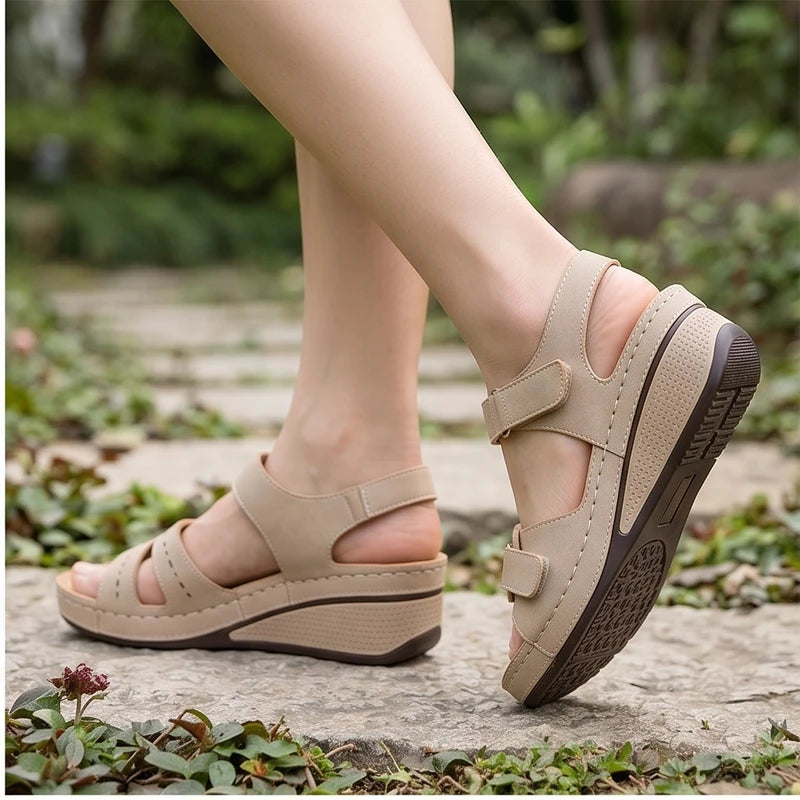 Model wearing Beige Customizable Summer Women Sandals Vintage Roman Sandals Female Fashion Non Slip Beach Shoes Open Toe Walking Women Shoes outdoors - 2
