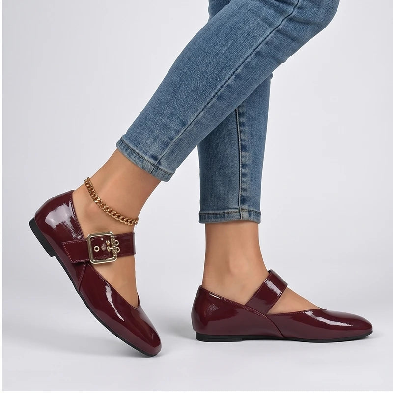 Model wearing Red Larkin Buckle Mary Jane Flats in studio