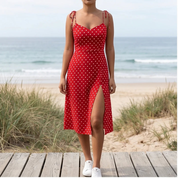Model wearing Red Cortez Polka Dot Midi Dress outdoors