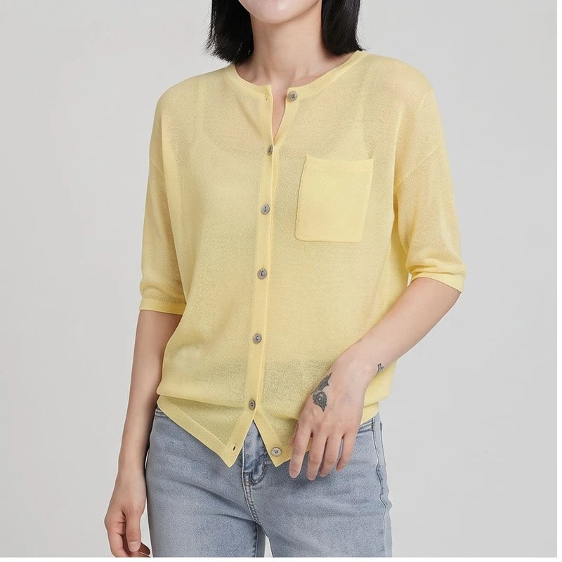 Model wearing Yellow cardigan in a studio