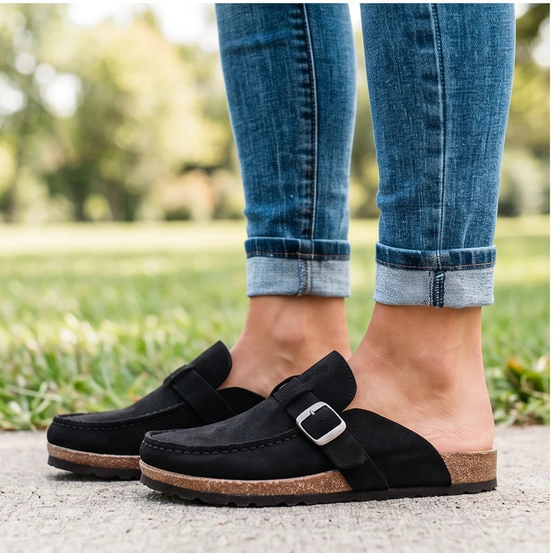 Model wearing Black 2026 New Women's Shoes Slip on Female Flats Durable Belt Buckles Mules Fashion Wear Resistant Women Half Slippers Retro Zapatos outdoors - 3