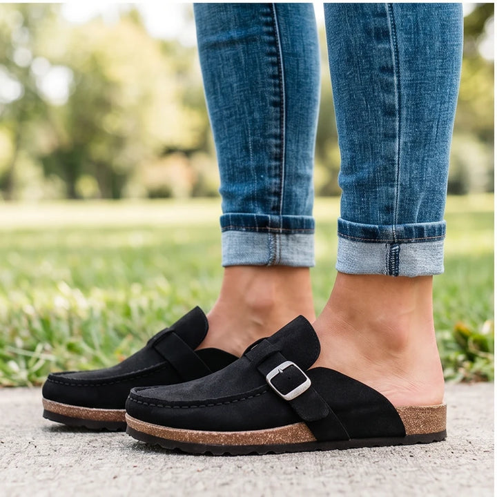 Model wearing Black 2026 New Women's Shoes Slip on Female Flats Durable Belt Buckles Mules Fashion Wear Resistant Women Half Slippers Retro Zapatos outdoors - 3