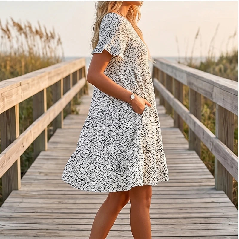 Model wearing White Dotted Mini A-Line Sundress with Short Sleeves outdoors - 3