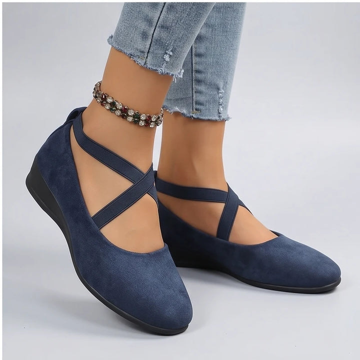 Model wearing Blue Selene Ballet Criss-Cross Flats in studio - 4