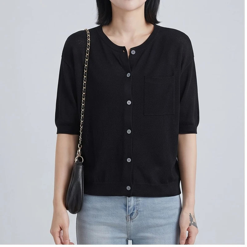 Model wearing Black cardigan in a studio