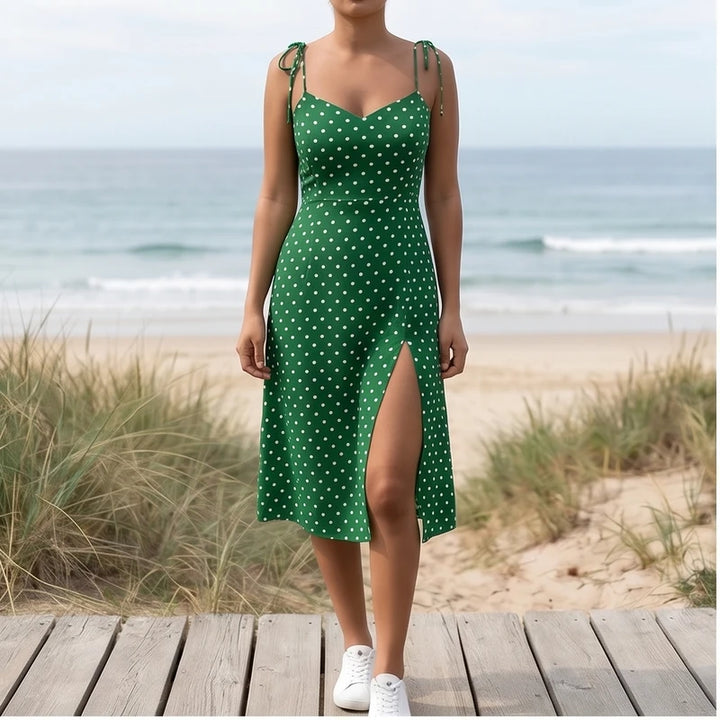 Model wearing Green Cortez Polka Dot Midi Dress outdoors