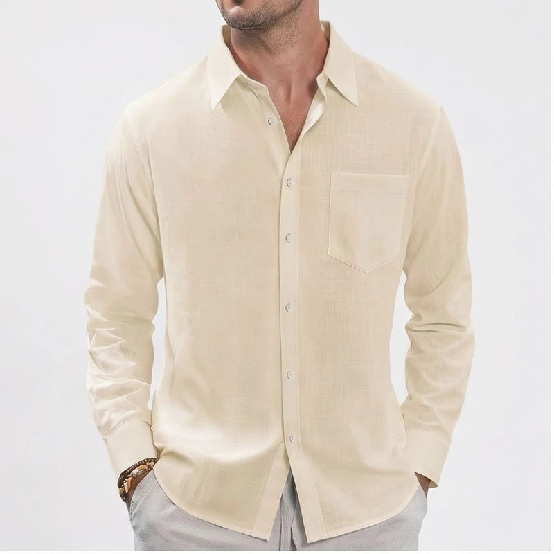Cream linen button-up shirt with a chest pocket.