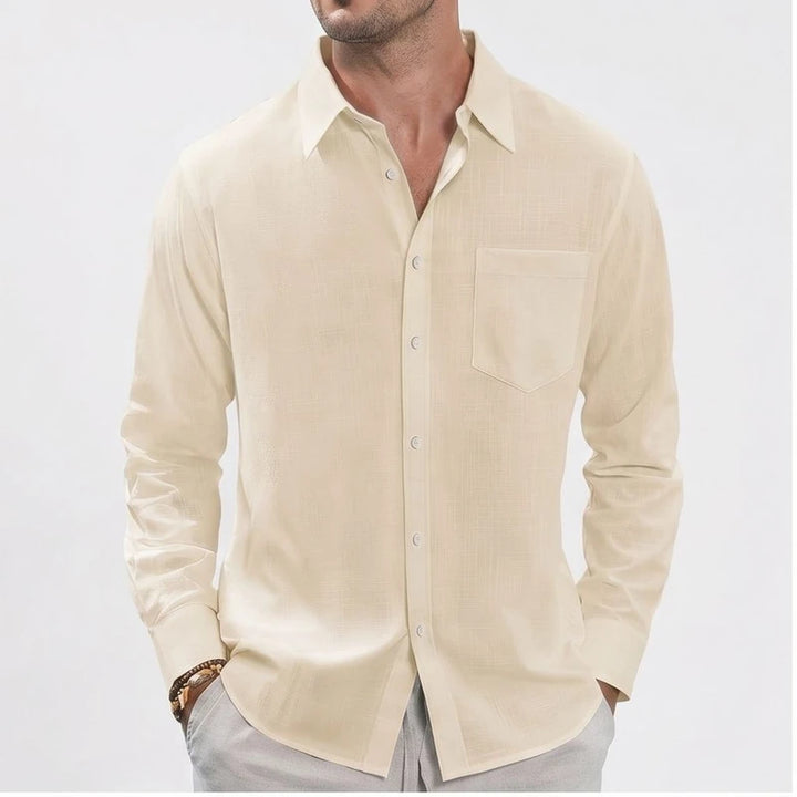 Cream linen button-up shirt with a chest pocket.