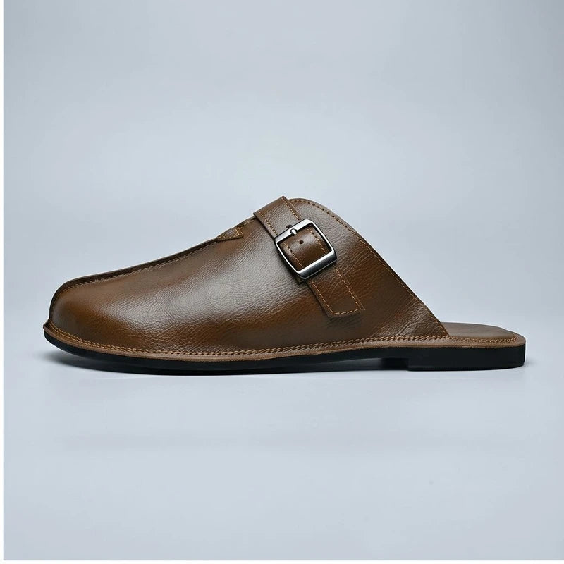 4216Brown Plus Size 38-47 Summer Open-back Slides Sandals Mules Half Shoes For Men 2025 Leather Backless Casual Shoes Loafers Slippers product photo - 2