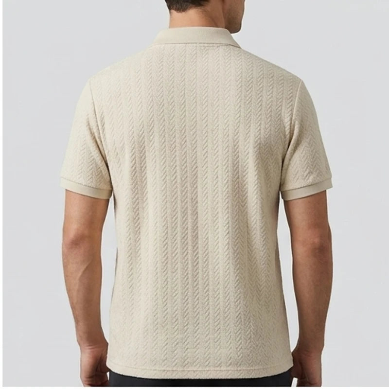 Model wearing Khaki Ashby Textured Knit Polo Shirt in studio