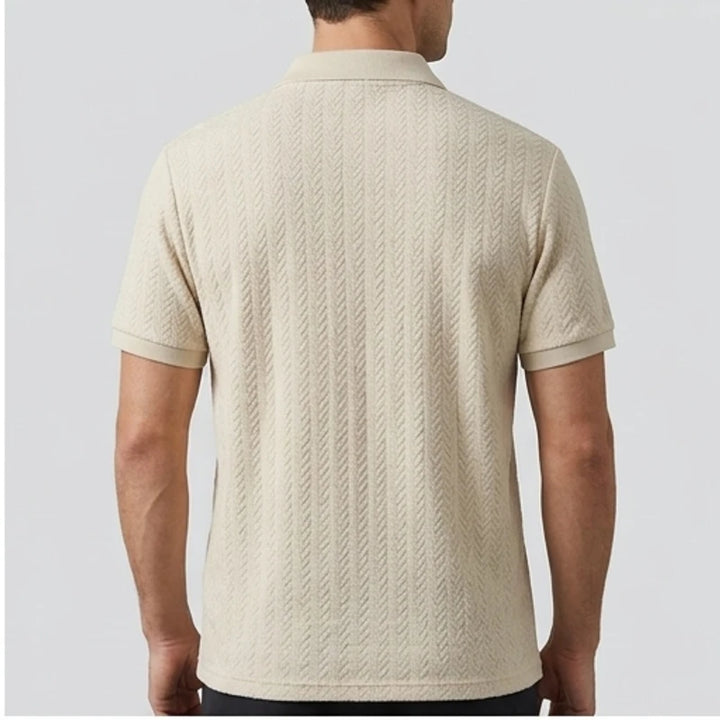 Model wearing Khaki Ashby Textured Knit Polo Shirt in studio