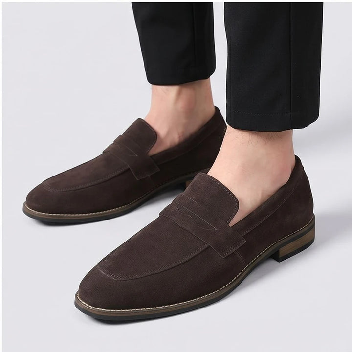 Model wearing Brown suede loafers in a studio - 3