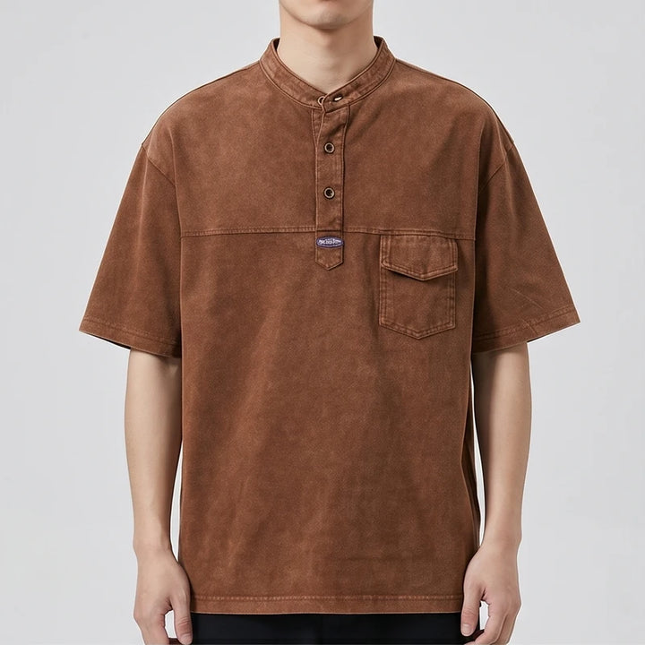 Model wearing Brown Renn Faded Mandarin Collar Shirt in studio