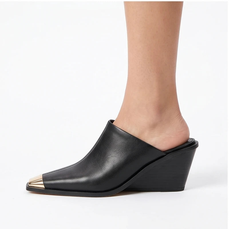 Model wearing Black Bardot Genuine Leather Square Toe Mules in studio - 3
