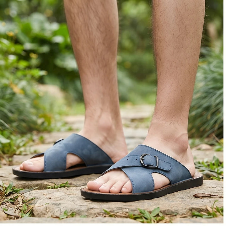 Model wearing Black leather sandals outdoors