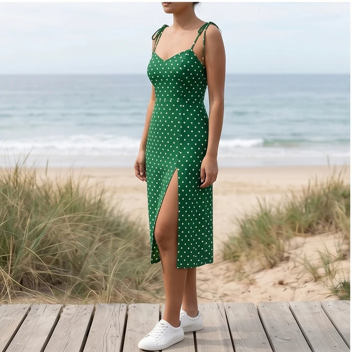 Model wearing Green Cortez Polka Dot Midi Dress outdoors - 3