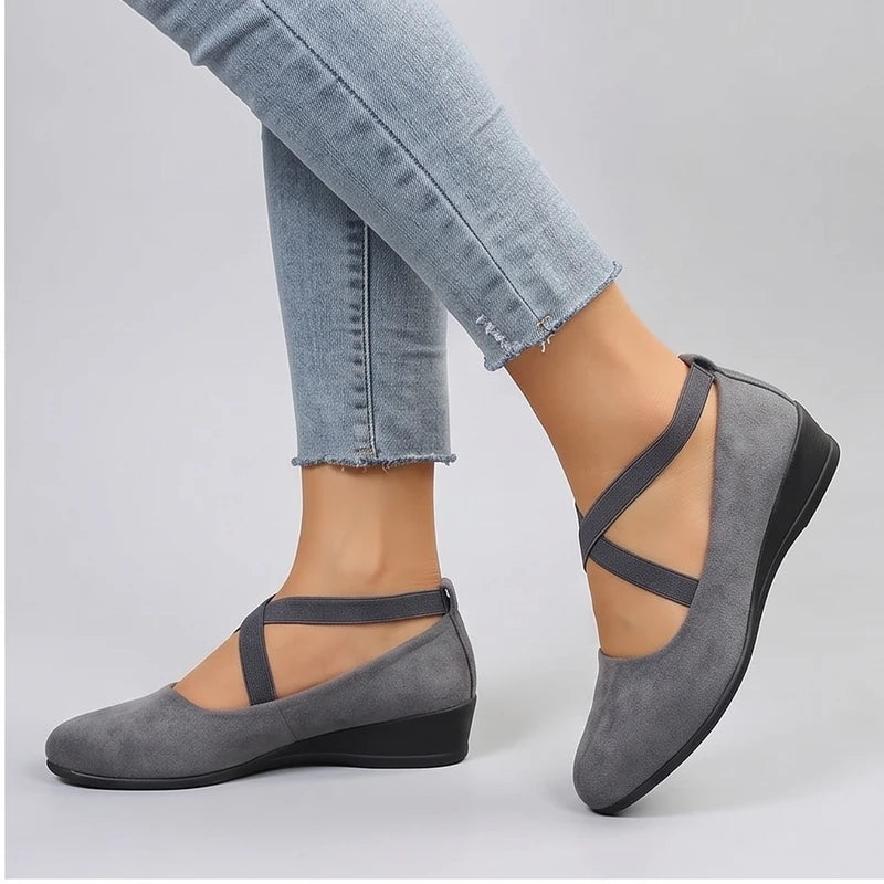 Model wearing Gray Selene Ballet Criss-Cross Flats in studio - 2