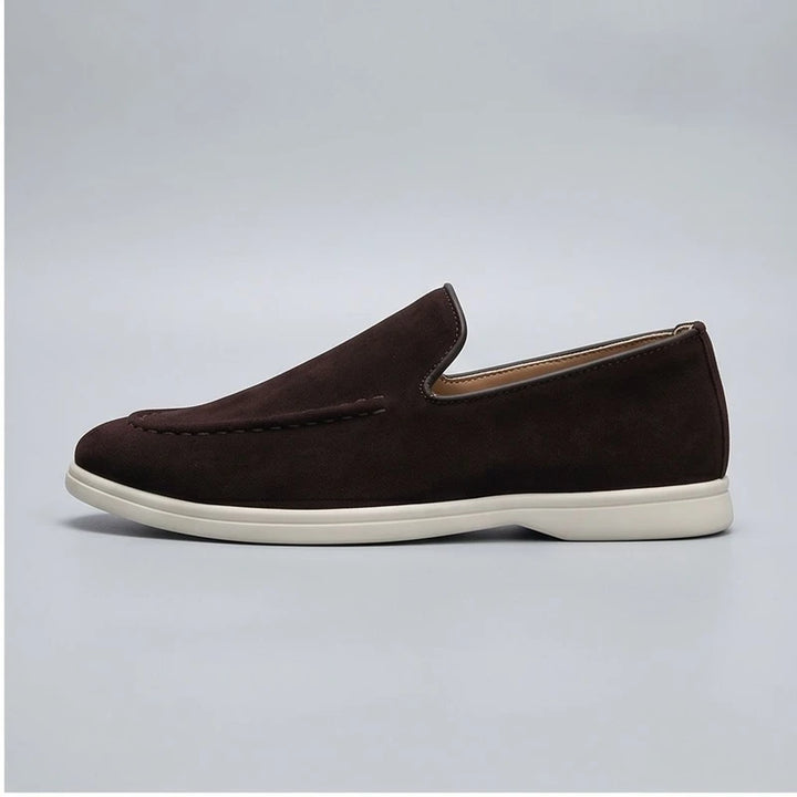 Chocolate suede loafers in a studio background - 2