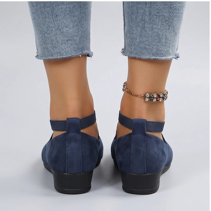 Model wearing Blue Selene Ballet Criss-Cross Flats in studio - 3
