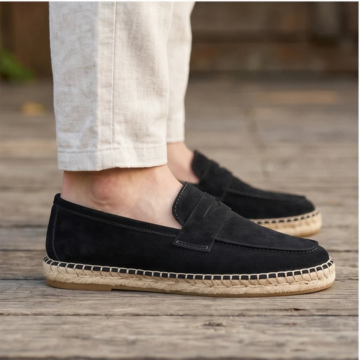 Model wearing Navy blue Men's Jute Espadrilles Slip on Loafers Cow Suede Leather Casual Shoes outdoors - 3