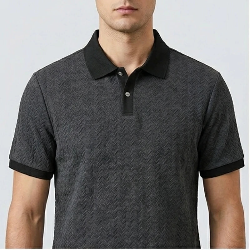 Model wearing Gray Ashby Textured Knit Polo Shirt in studio