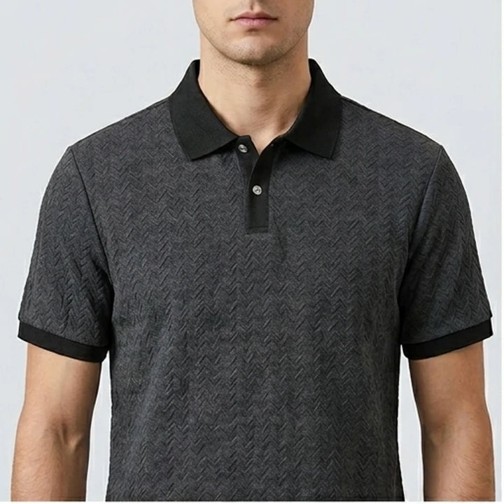 Model wearing Gray Ashby Textured Knit Polo Shirt in studio