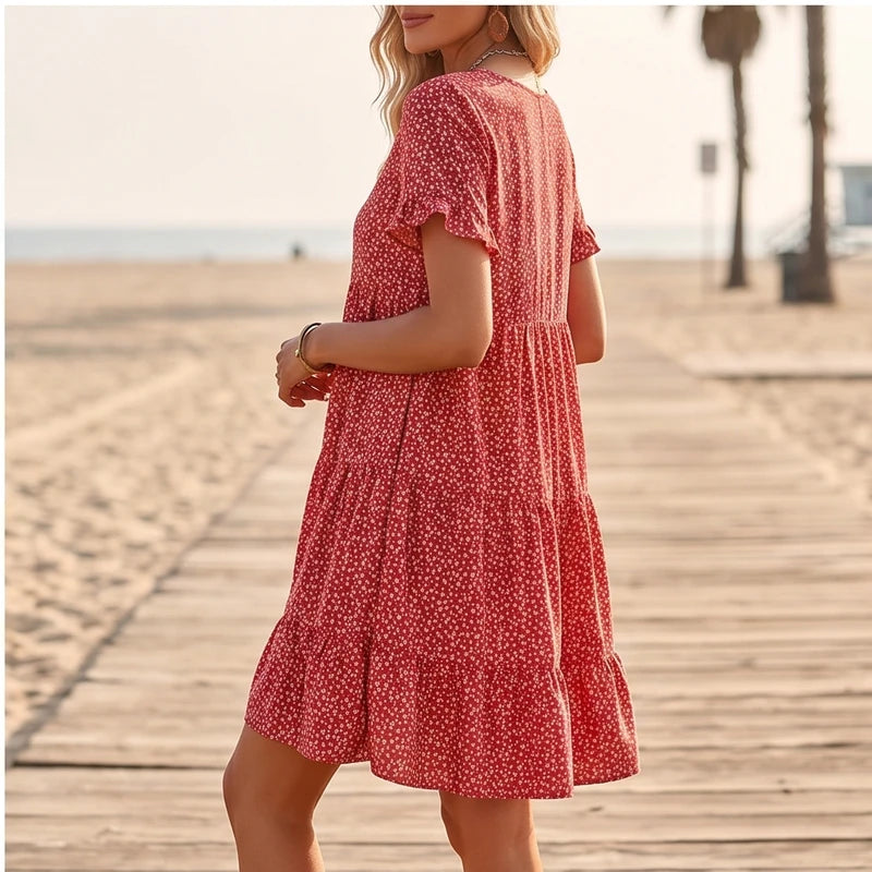 Model wearing Red Dotted Mini A-Line Sundress with Short Sleeves outdoors - 2