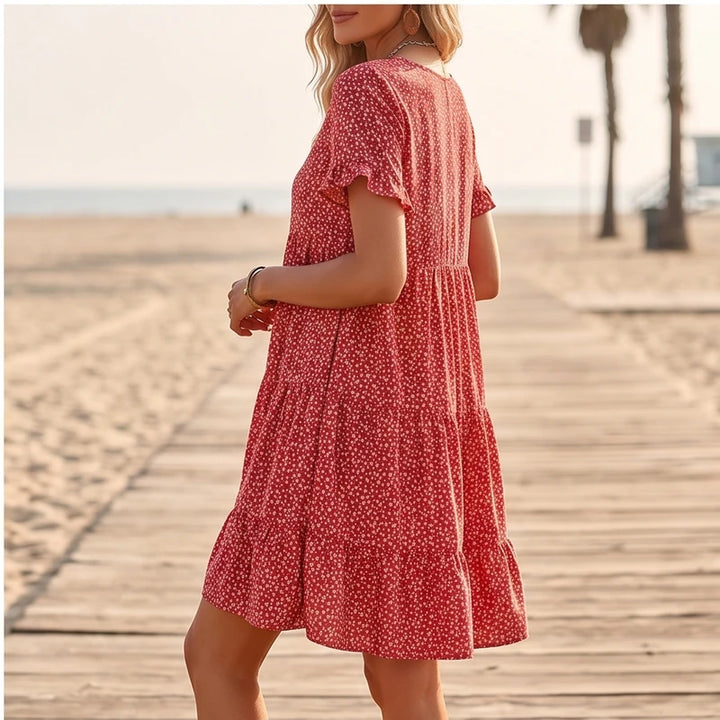 Model wearing Red Dotted Mini A-Line Sundress with Short Sleeves outdoors - 2
