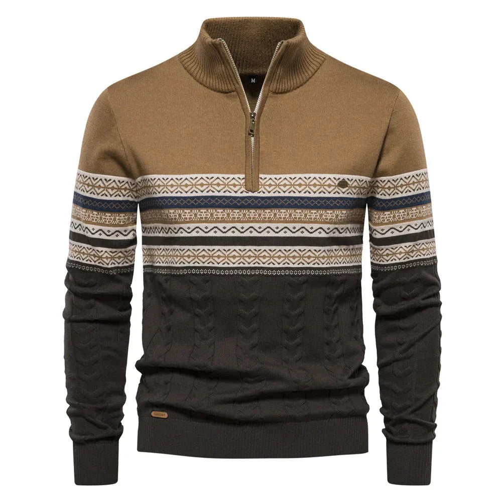Khaki, brown, and dark green sweater with patterned sleeves on a white background