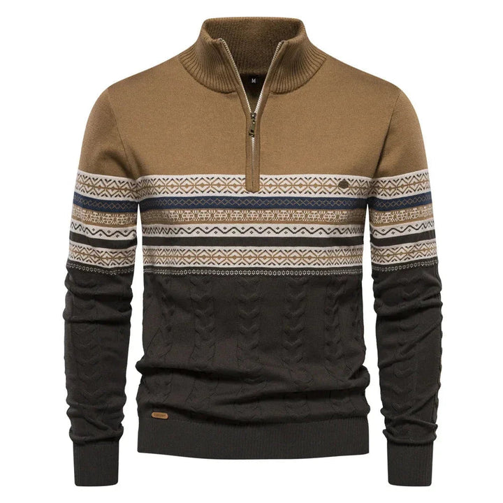 Khaki, brown, and dark green sweater with patterned sleeves on a white background