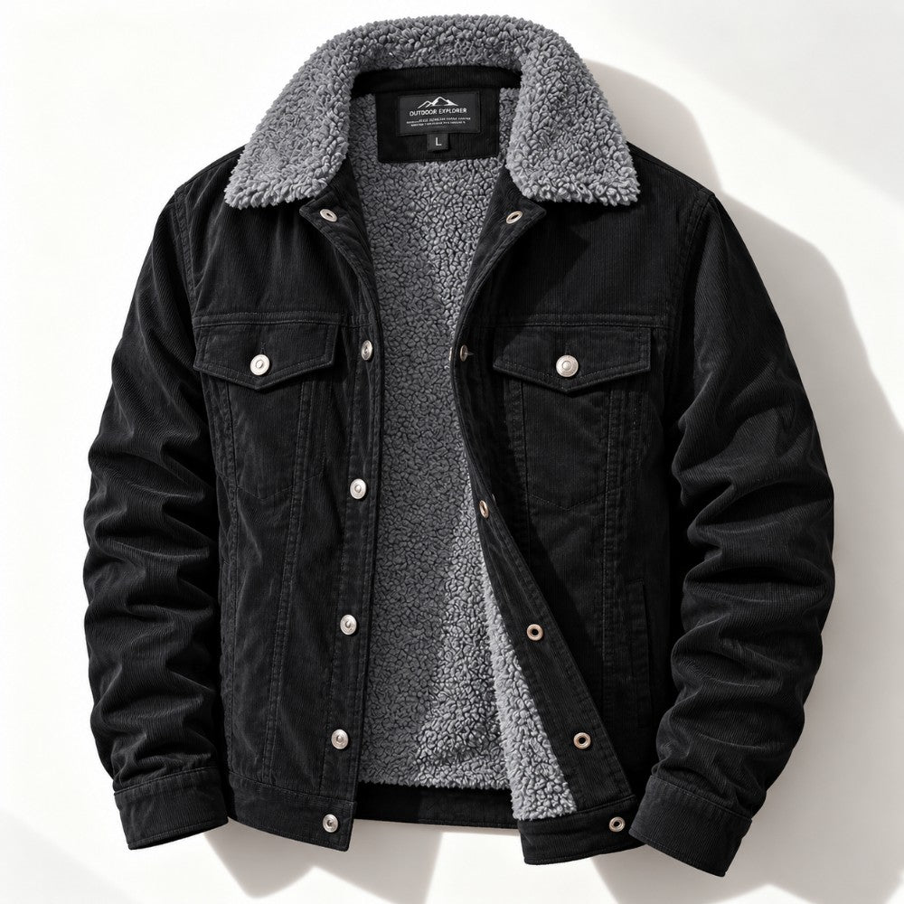 A black denim-style jacket with a plush gray sherpa lining and collar, shown laid flat against a white background with a soft shadow.