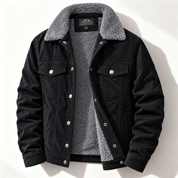 A black denim-style jacket with a plush gray sherpa lining and collar, shown laid flat against a white background with a soft shadow.