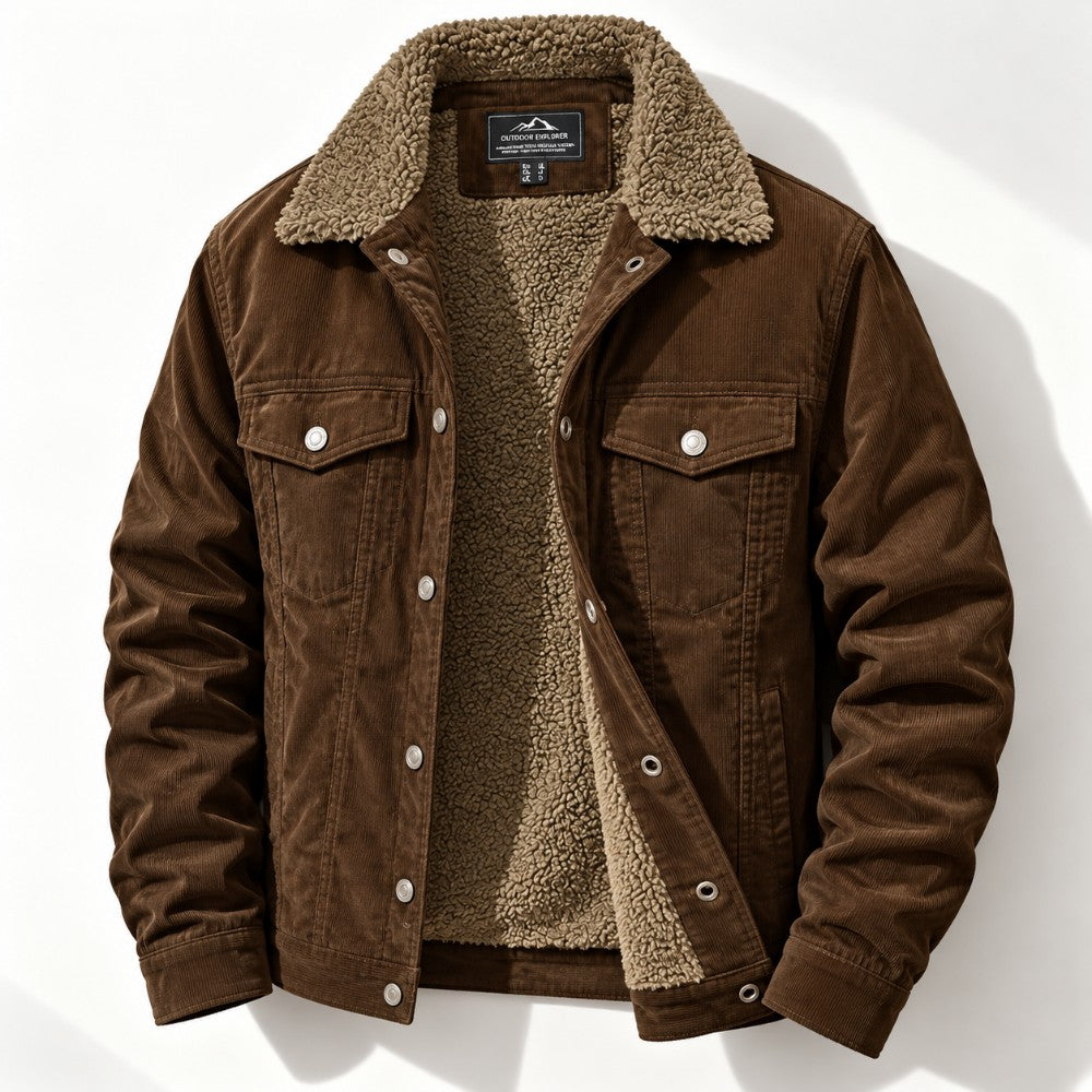 A brown corduroy jacket with a warm beige sherpa lining, featuring a collar, button-up front, and chest pockets, displayed on a clean white background.