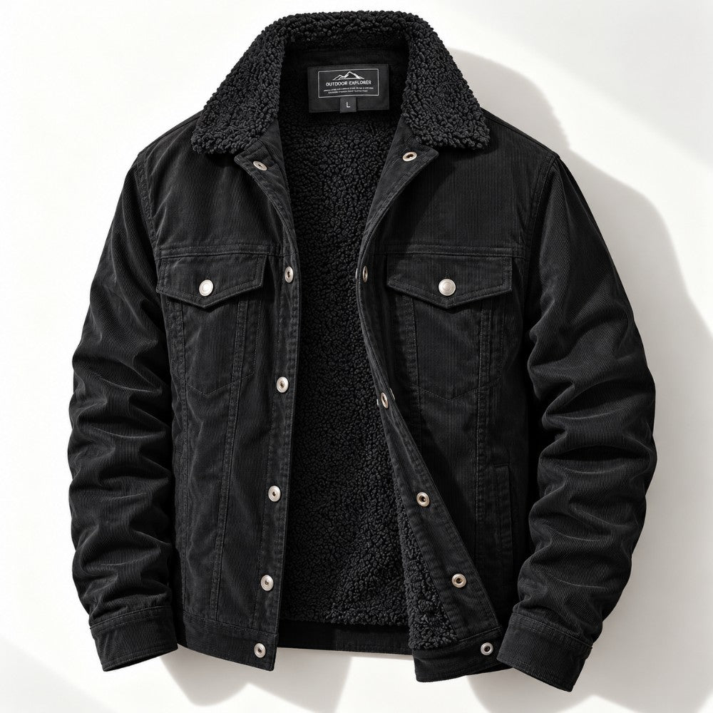 A black corduroy jacket with a black sherpa fleece lining, featuring silver snap buttons and a classic collar, displayed on a clean white background.