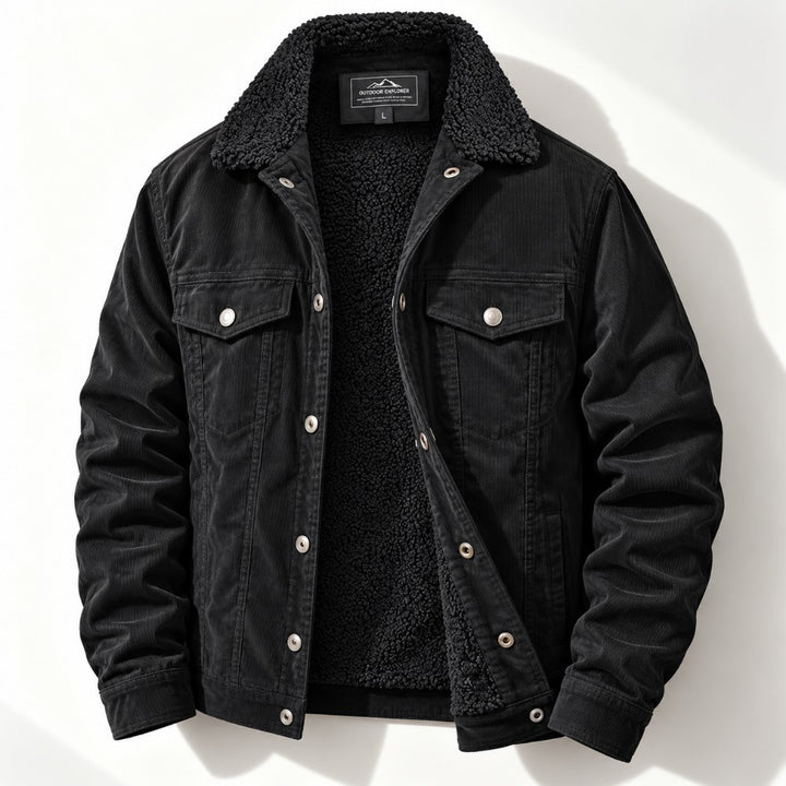 A black corduroy jacket with a black sherpa fleece lining, featuring silver snap buttons and a classic collar, displayed on a clean white background.